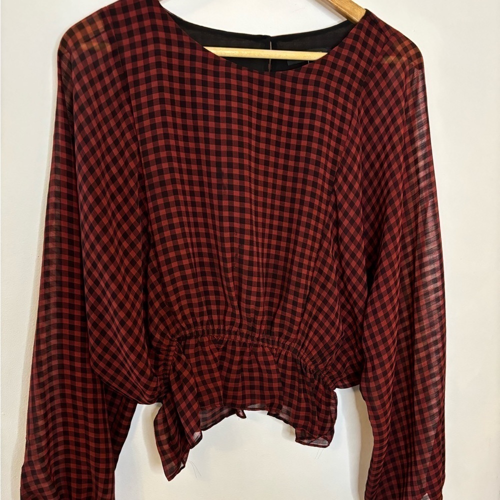 Olivaceous Red and Black Gingham Balloon Sleeve Blouse